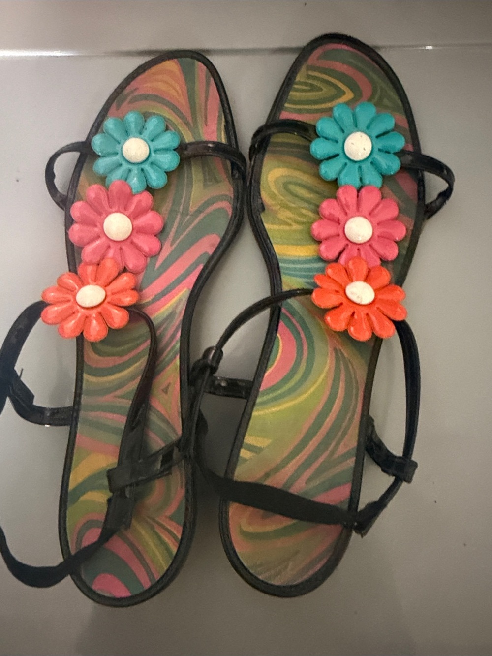 VTG 60s 70s Psychedelic Mod Daisy Sandals Bernign NY RetroHippie Festival 7 -7.5